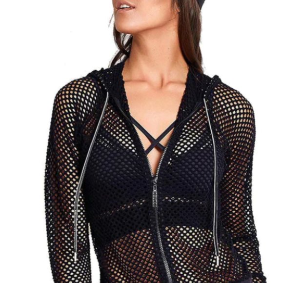 Ermanna Jackets & Blazers - ERMANNA Black Mesh Hoodie Long Sleeve Zip-Up Jacket Size M New without Tag